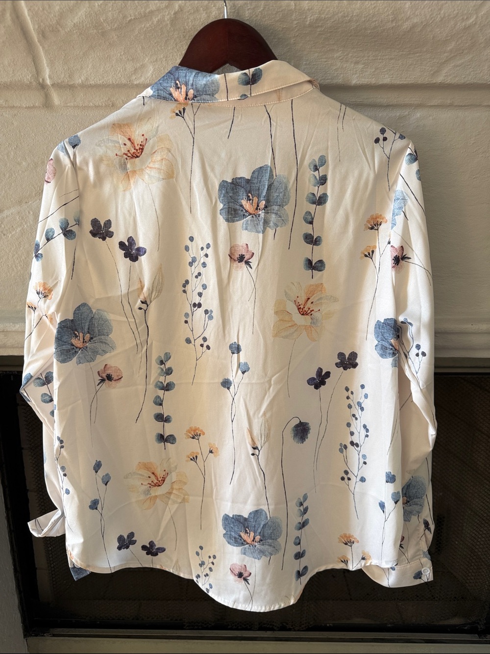 Women's Floral Button-Up Blouse - White with Blue Floral Print - Picture 5 of 5